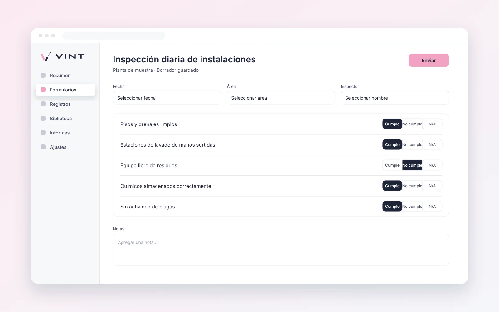 VINT daily facility inspection form in Spanish with Cumple and No cumple options
