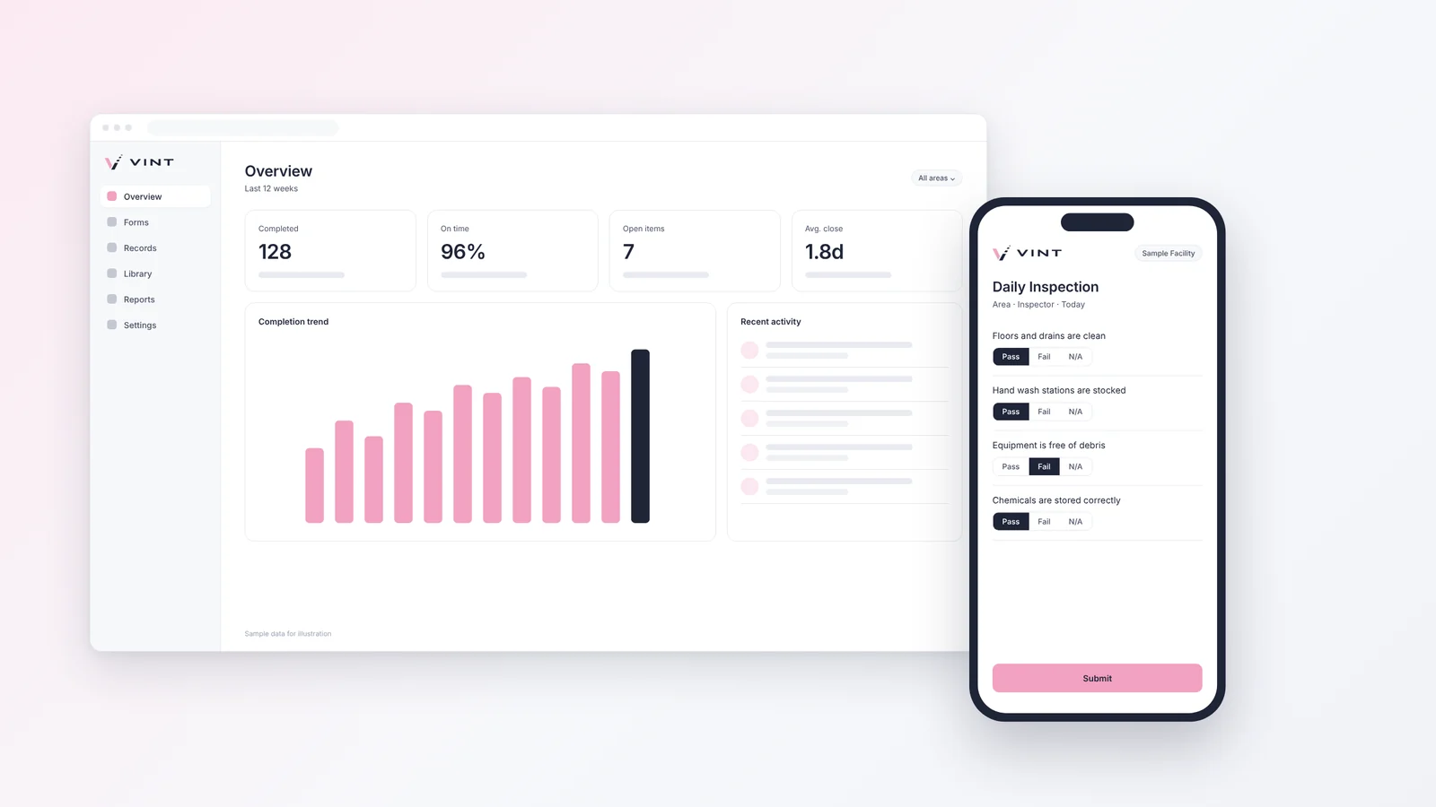 VINT overview dashboard on desktop showing completed inspections, on-time rate, open items, and a daily inspection form on a phone