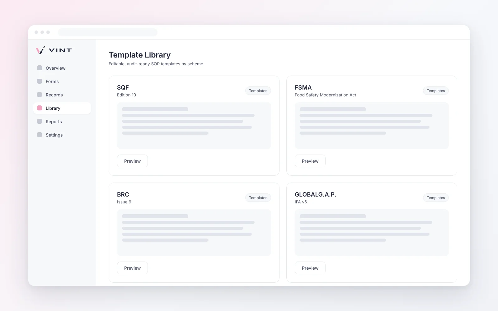 VINT template library with SQF Edition 10, FSMA, BRC Issue 9, and GLOBALG.A.P. IFA v6 template sets