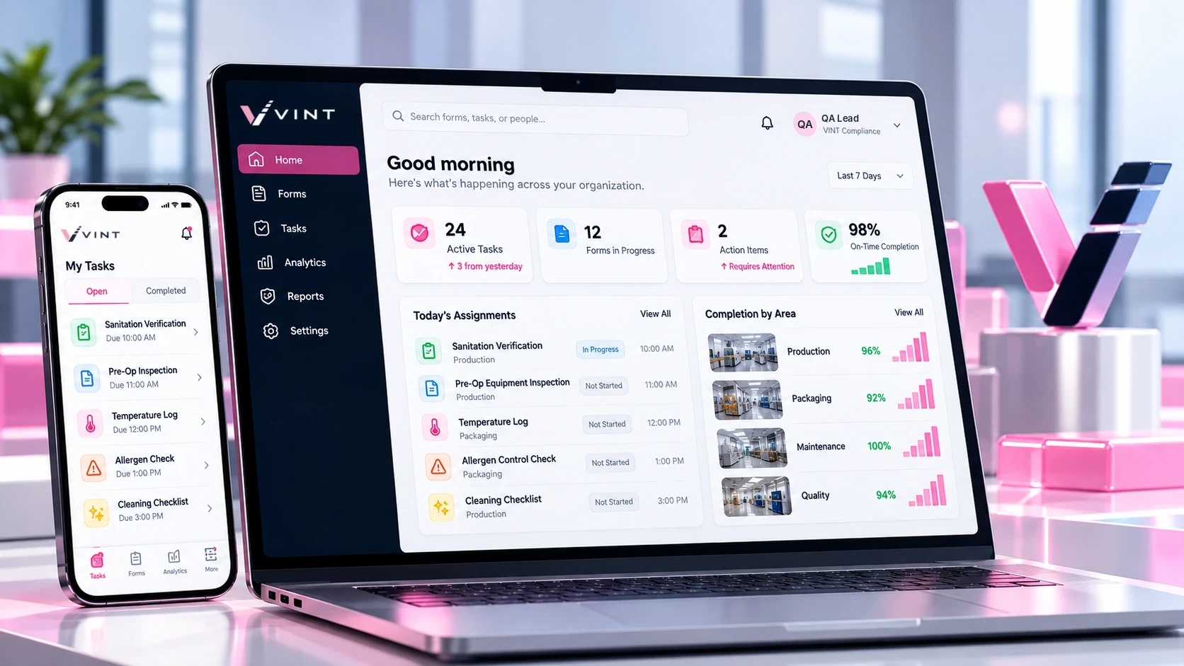 VINT dashboard on a laptop and the VINT mobile app showing today's tasks, assignments, and completion by area